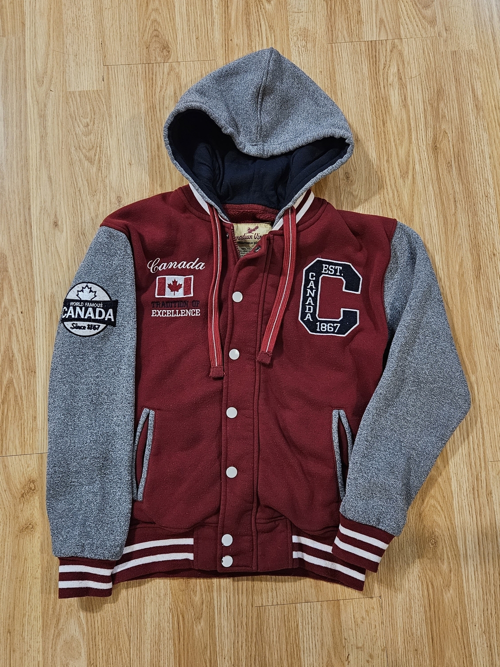Canadaian Vintage Embroidered Hooded Varsity Jacket Style Button & Full Zip Sz S